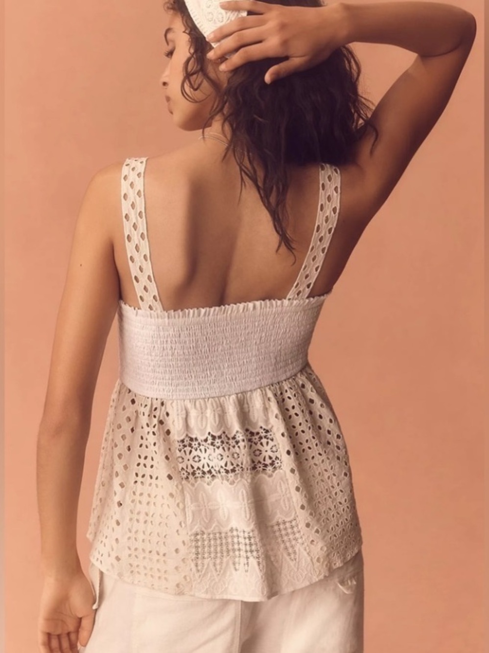 Anthropologie Ivory Smocked Peplum Tank XS Eyelet Lace Texture Details L👀K - Picture 3 of 13